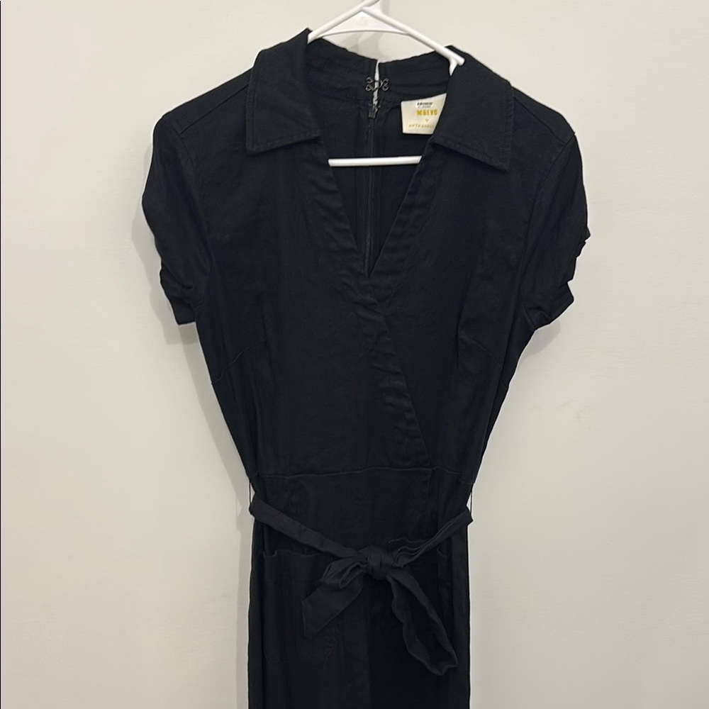 Anthropologie Black Notched Collar Short Sleeve Wide Leg Jumpsuit